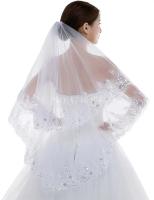 Venta al por mayor, velo de novia corto de encaje de 2 niveles para mujer con peine, borde de encaje de lentejuelas con apliques de alta calidad - details 1
