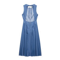 BUNO-vestido Midi plisado azul vaquero a la moda con lazo y espalda descubierta para mujer, vestido Vintage sin mangas con cuello redondo, vestidos elegantes para mujer - details 2