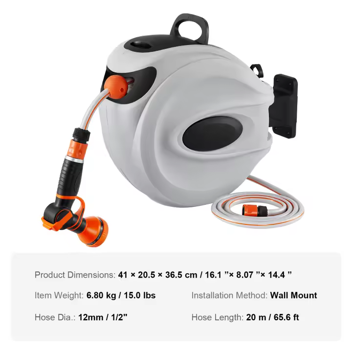 SucceBuy Enrollador de manguera retráctil, 180 °   Soporte giratorio para manguera de agua de jardín montado en la pared con boquilla de 9 patrones y 3 adaptadores rápidos - 1