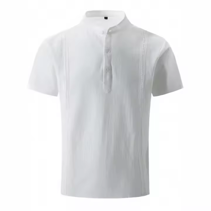 Camisa de manga corta para hombre, top de algodón y lino, color sólido, verano, europeo y americano - 1