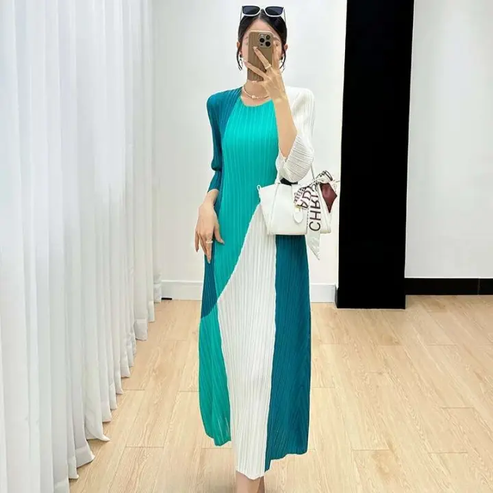 Miyake-vestido plisado para mujer, vestidos elegantes con estampado de alta gama, cuello redondo, manga tres cuartos, otoño 2023 - 1