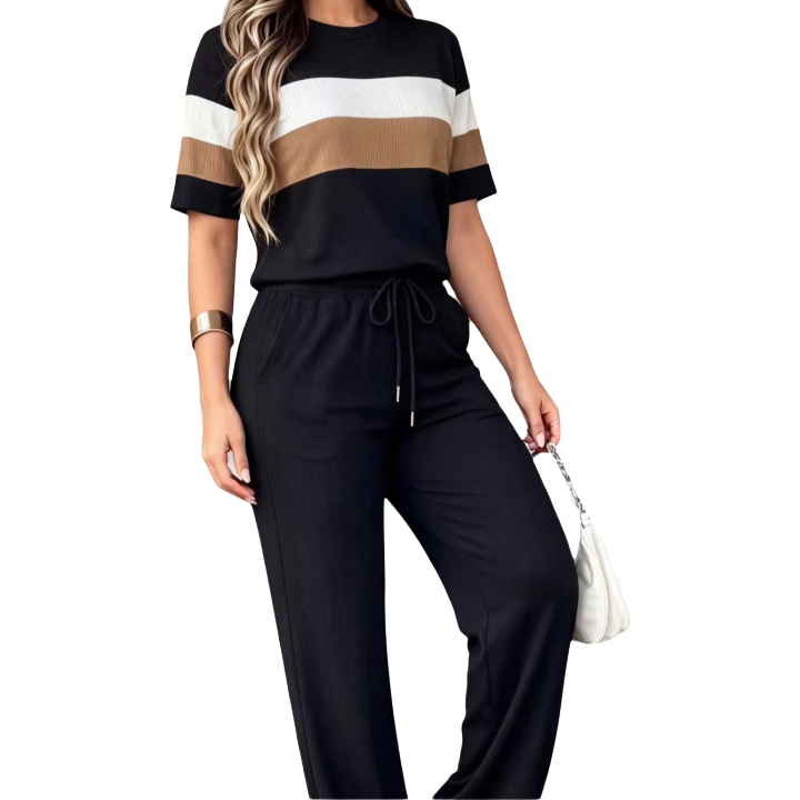 Fashion color‑block striped 2‑piece set, crew neck short sleeve top, drawstring high waist wide‑leg pants with side pockets. Soft comfortable fabric, great for daily, loungewear, street casual wear.