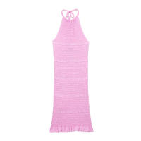 BUNO-vestido decorativo con cordones y cuello Halter de punto rosa de verano para mujer, minivestido sin mangas ajustado elástico elegante para mujer - details 0