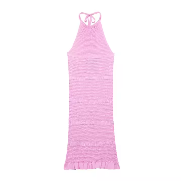 BUNO-vestido decorativo con cordones y cuello Halter de punto rosa de verano para mujer, minivestido sin mangas ajustado elástico elegante para mujer - 1