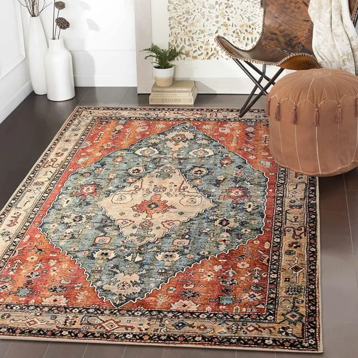 Alfombra bohemia tribal de 160*230CM， alfombra bohemia de lana sintética para interiores, antideslizante, lavable, alfombra de pelo bajo para entrada, dormitorio, mesa de comedor - 1
