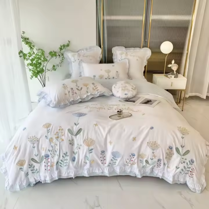 Funda nórdica de algodón puro con grapas largas, elegante, estampado reactivo, teñido, juego de cama y fundas de almohada planas - 1