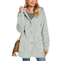 Chaqueta casual con botones de bolsillo y capucha polar para mujer - details 9