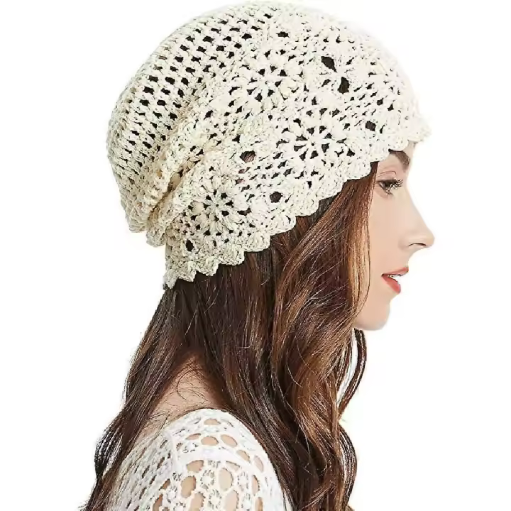 Gorro holgado de algodón de ganchillo para mujer, gorro de punto hecho a mano con recorte, gorro de calavera Floral de verano - 1