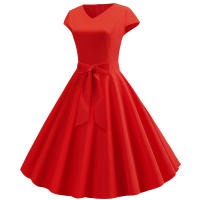 Women summer vintage with belt short sleeve v neck elegant retro swing party dresses - details 53