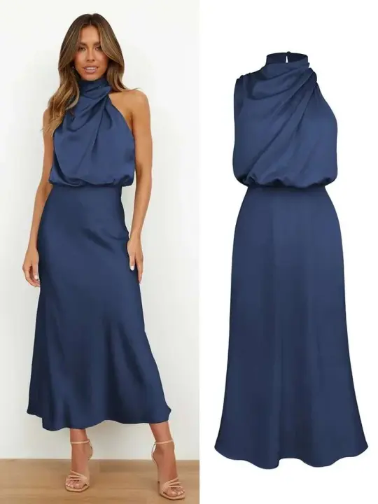 Elegante Vestido de Seda Satinada sin Mangas para Mujer en Verano Vestido de Fiesta de Noche de Moda para Damas - 1