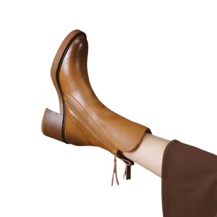 Botas cortas de tacón grueso otoñal Estilo vintage con cremallera lateral británica para mujer - 1
