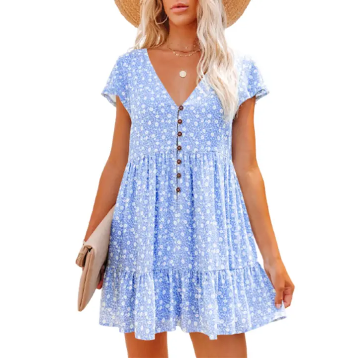 Vestido de ocio para mujer con diseño de botones estampados de flores, adecuado para mujeres y niñas adolescentes - 1