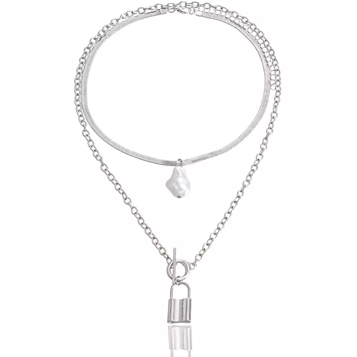 Collar con colgante de candado de perlas de estilo único para mujer, collar de doble capa de estilo moderno y frío - 1