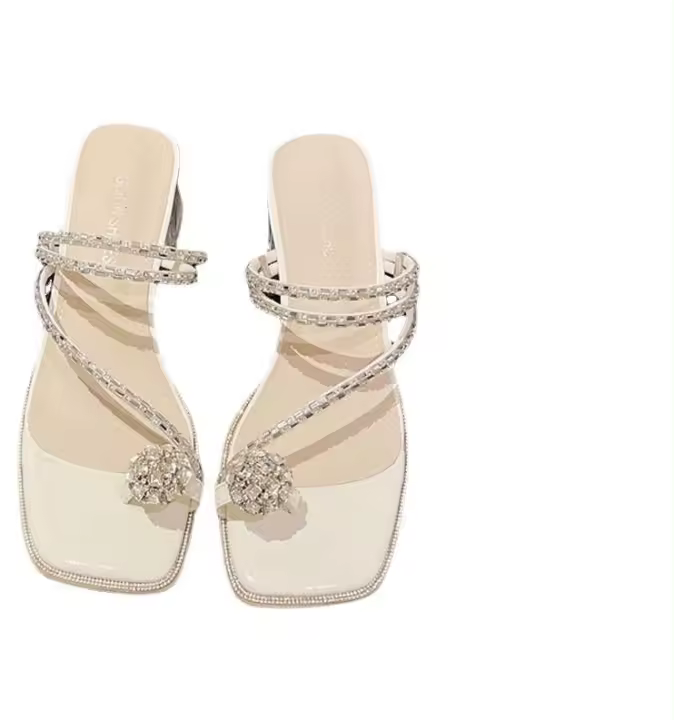 Sandalias de Diamante 2025 Punta de Diamante, Cabeza Cuadrada, Tacón Grueso, Zapatillas Fresh para Mujeres - 1