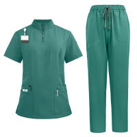 Nueva enfermera mujer pantalón corto Casual ropa de manga Top farmacia trabajo médico Hospital médico uniforme para enfermería cuello alto cremallera - details 3