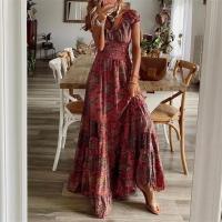 Vestido Floral Ajustado A La Cintura Con Cuello En V De Estilo Bohemio Con Vestidos De Moda Europea Big Swoop Para Mujer - details 2