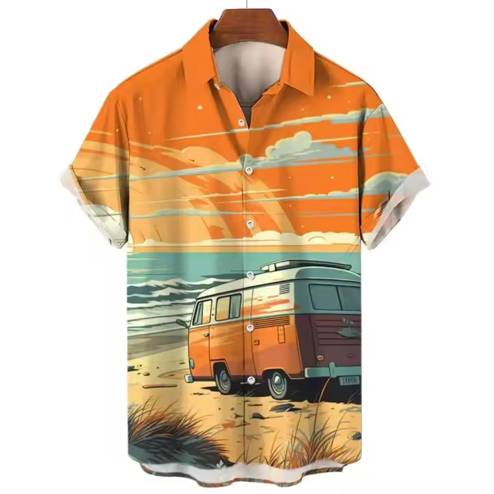 Camisa de manga corta con estampado 3D de playa y coche informal retro para hombre, ropa deportiva de verano, camiseta, ropa de diseñador para hombre - 1