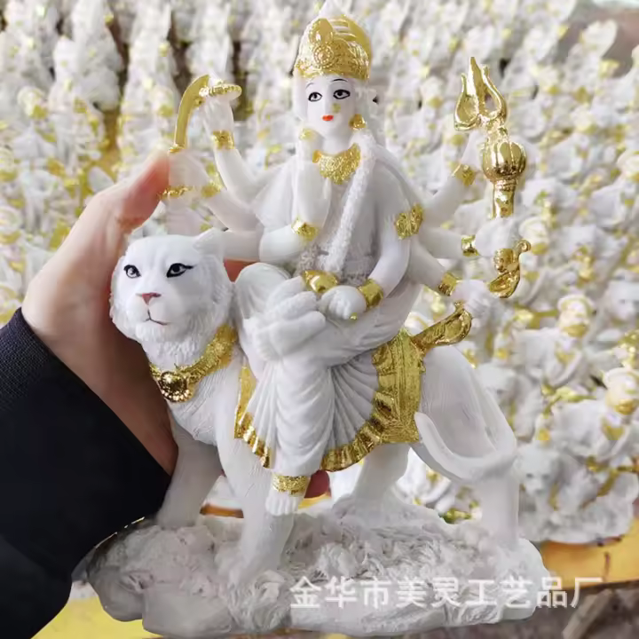 Estatua india difícil de acercar a la madre Durga, montando un tigre y un león, ofreciendo fábrica de adornos de vidrio de agua de resina - 1