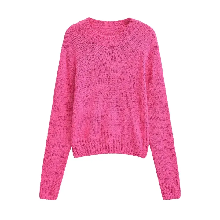 Jersey de punto de manga larga con cuello redondo para mujer, suéteres informales de otoño e invierno, rosa y rojo - 1