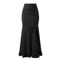 Falda larga de cintura alta para mujer, falda de medio cuerpo, dobladillo con volantes irregulares, elegante, Vintage, color sólido - details 2
