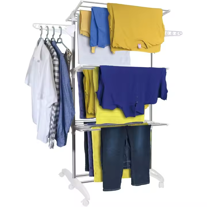 22,8f. x 53,5 años. x 63,8al. Tendedero de 3 niveles extra grande de acero inoxidable con rampa plegable para un fácil almacenamiento. - 1