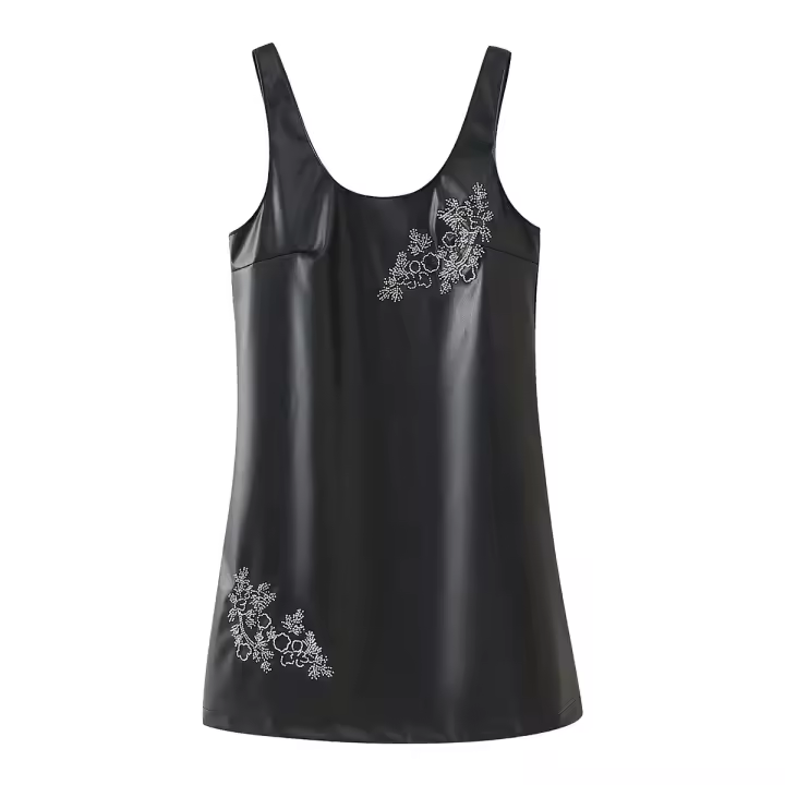 2025 mujeres negro imitación cuero Mini vestido rebordear decoración verano 2025 moda elegante sin mangas Vestidos femeninos - 1