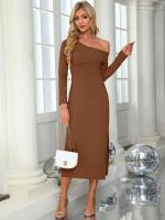 Maxivestido de punto con hombros descubiertos para mujer, vestido elegante de lujo con abertura, Color sólido, Bodycon, manga larga - details 11
