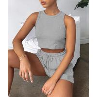 Conjunto de dos piezas de verano para mujer, chaleco sin mangas de color sólido con textura gofre y pantalones cortos casuales de moda. - details 38
