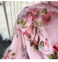 Elegante vestido midi de manga larga con corte en A y falda plisada, cintura ceñida, dobladillo de gasa, estampado floral coreano Sle Commute - details 21