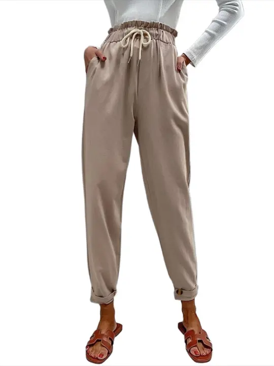 Pantalones rectos de cintura alta para mujer, pantalón holgado clásico, de lino, para primavera y otoño - 1