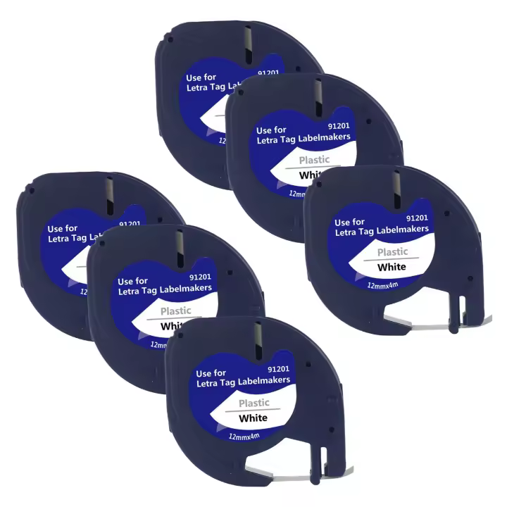 Reemplazo de cinta de etiquetas Compatible con Dymo Letratag, negro sobre blanco, plástico, fabricante de etiquetas, 6 piezas - 1