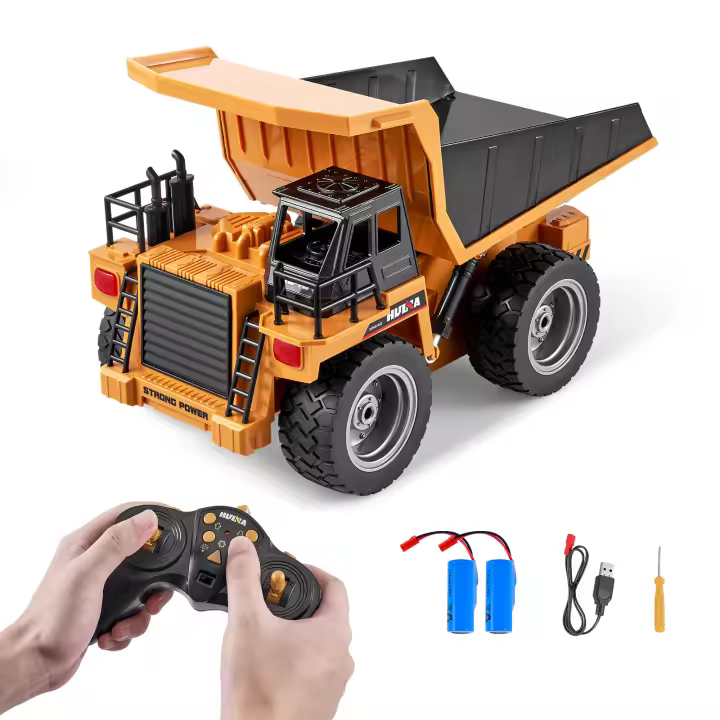 SucceBuy RC Camión Volquete de Juguete, Vehículo de Construcción de 9 Canales a Escala 1:18 con 2 Baterías Recargables, Cama de Metal y Luz, Juguete RC Ideal para Niños a partir de 8 años - 1