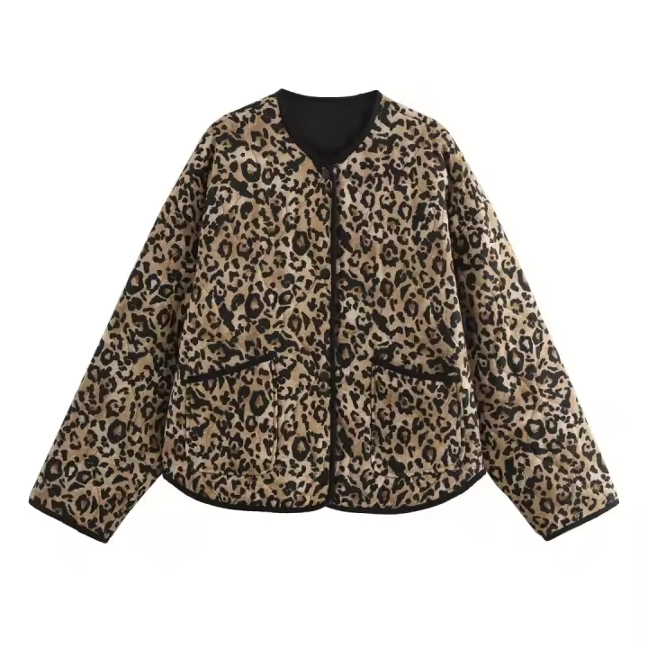TRAFZA-abrigo de algodón con estampado de leopardo para mujer, abrigo holgado informal de manga larga con bolsillos y una hilera de botones, para invierno, 2024 - 1