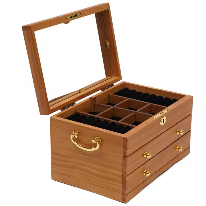 Joyero Vintage de 3 niveles, caja de madera con cerradura y Mirro, cajones extraíbles para joyas, organizador de madera para joyas - 1