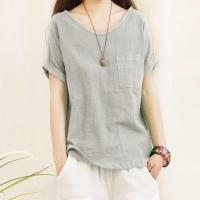 Camiseta Holgada de Lino y Algodón para Mujer Camisas de Manga Corta, Top Informal con Cuello Redondo, Verde Holgado, Top de Verano - details 4