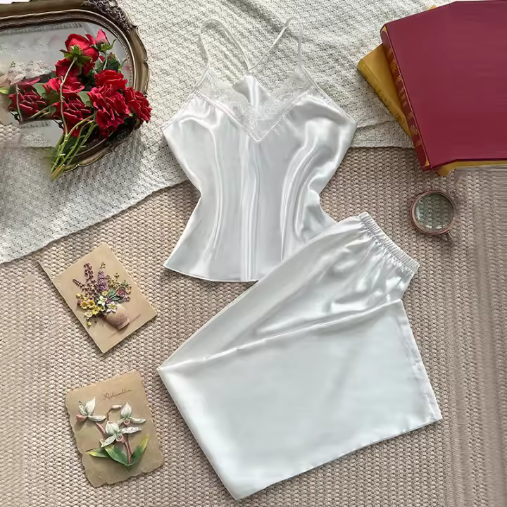 Conjunto de Pijama de Seda de Hielo Fino Primavera Otoño Pantalones de Relax para Mujeres - 1