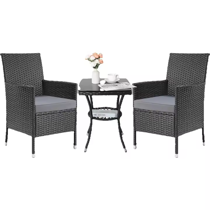 Conjunto de Muebles para Patio de Ratán PE 3Sillas de Mesa de Café de Vidrio Cojines Suaves - 1