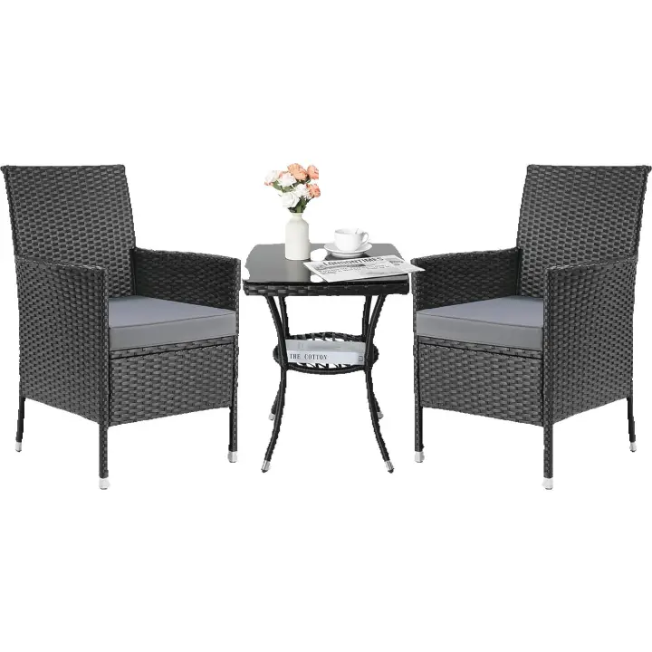 Conjunto de Muebles para Patio de Ratán PE 3Sillas de Mesa de Café de Vidrio Cojines Suaves - 1