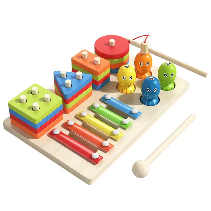 Juguete Educativo 3 en 1 para Niños, Juego de Pesca, columna de golf y Xilófono, Desarrollo de Colores, Formas y Música - 1