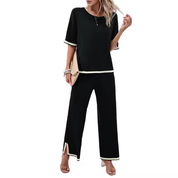 Conjuntos de punto de verano para mujer, trajes de 2 piezas, Tops de manga corta con pantalones, Negro S - 1