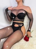 Conjunto de ropa interior de cristal de 2 piezas TRE sin entrepierna con parte superior de bodystocking de rejilla con diamantes de imitación sexy - details 1