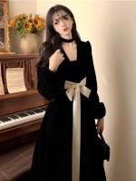 Vestido de terciopelo negro estilo francés Hepburn para mujer en otoño invierno, diseño corto y elegante y temperamento. Largo con cintura - details 0