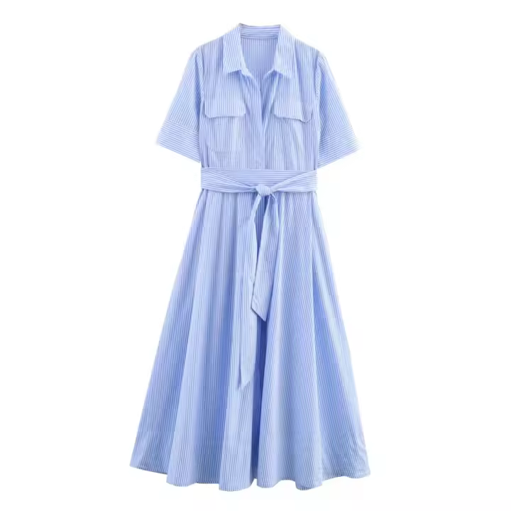Vestido camisero de manga larga con cuello de solapa, informal, a rayas, para mujer, verano 2025 - 1
