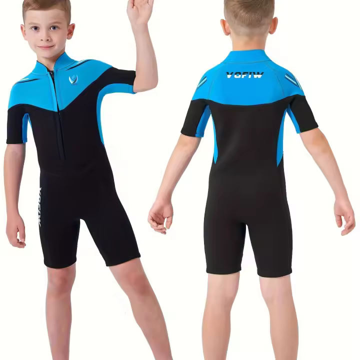 Traje de neopreno con bloqueador de color para niños, Traje corto con cremallera frontal, Traje de neopreno para surf y natación - 1