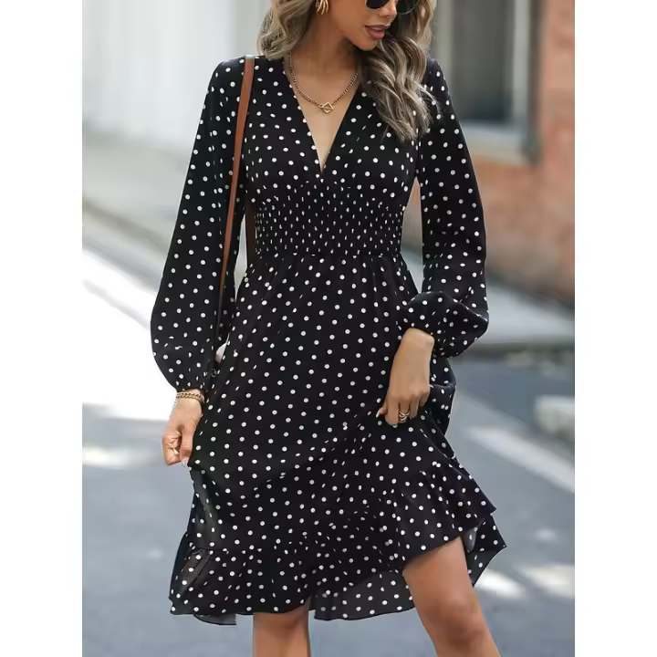 Vestido elegante de manga larga con lunares y cintura ajustada, otoño 2023 - 1