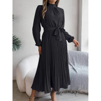 Elegante vestido corto de otoño invierno para mujer, con cuello alto, mangas plisadas y falda larga. - details 37