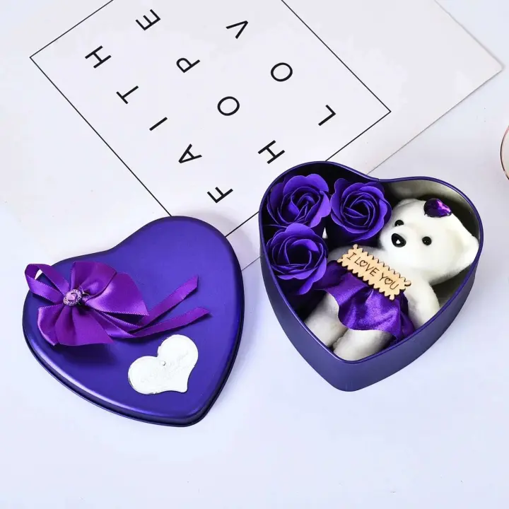 Juego de caja de regalo con ramo de rosas de simulación de flores de jabón eterno para el Día de San Valentín de hierro en forma de corazón A para mi novia - 1