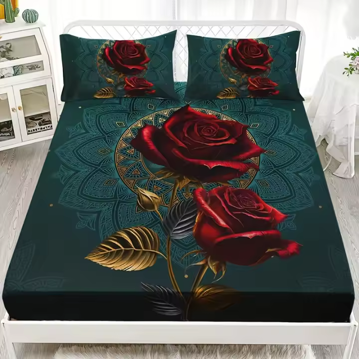 Juego De Sábanas Ajustables De Rosa Gótica 3D, 3 Piezas, Protector De Colchón De Cama Suave, Cómodo - 1