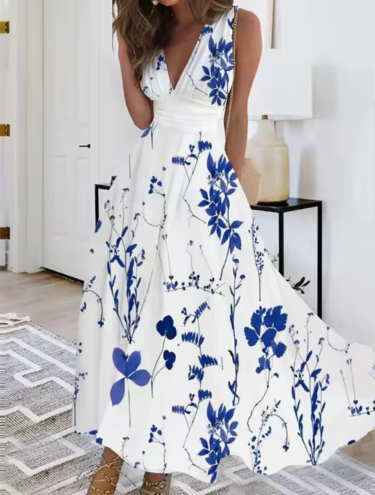 Vestido estampado con cuello en V de verano sin mangas para mujer, moda femenina - 1