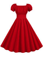 Summer women puff sleeve casual vintage party solid elegant midi dress - details 3